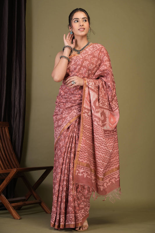 Anuttara Bhagalpuri Rouge Pink Cotton Silk Dabu Print (Hand Block) Saree with Unstitched Blouse_AFS1410-FS