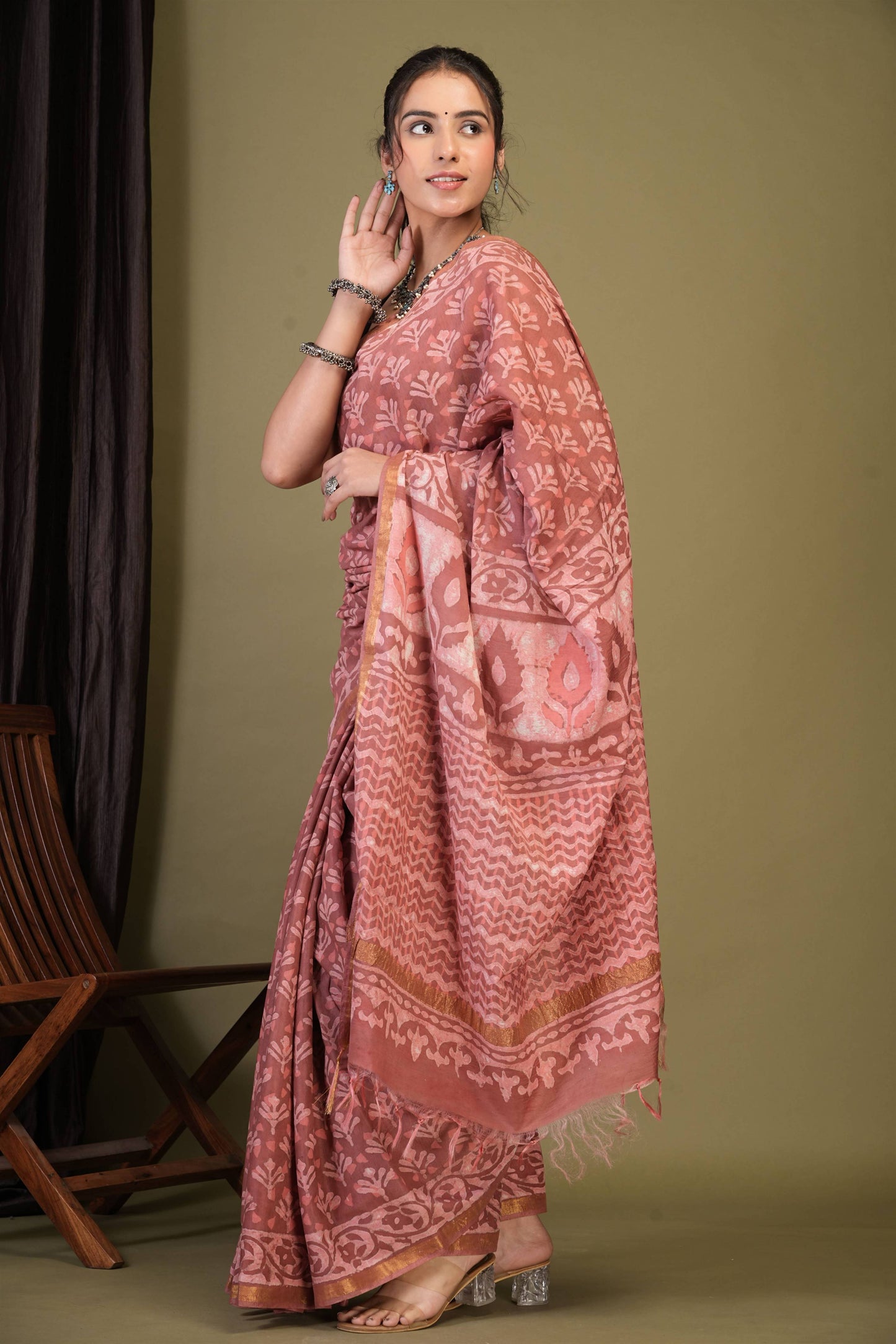 Anuttara Bhagalpuri Rouge Pink Cotton Silk Dabu Print (Hand Block) Saree with Unstitched Blouse_AFS1410-FS