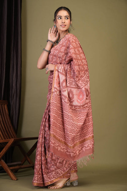 Anuttara Bhagalpuri Rouge Pink Cotton Silk Dabu Print (Hand Block) Saree with Unstitched Blouse_AFS1410-FS