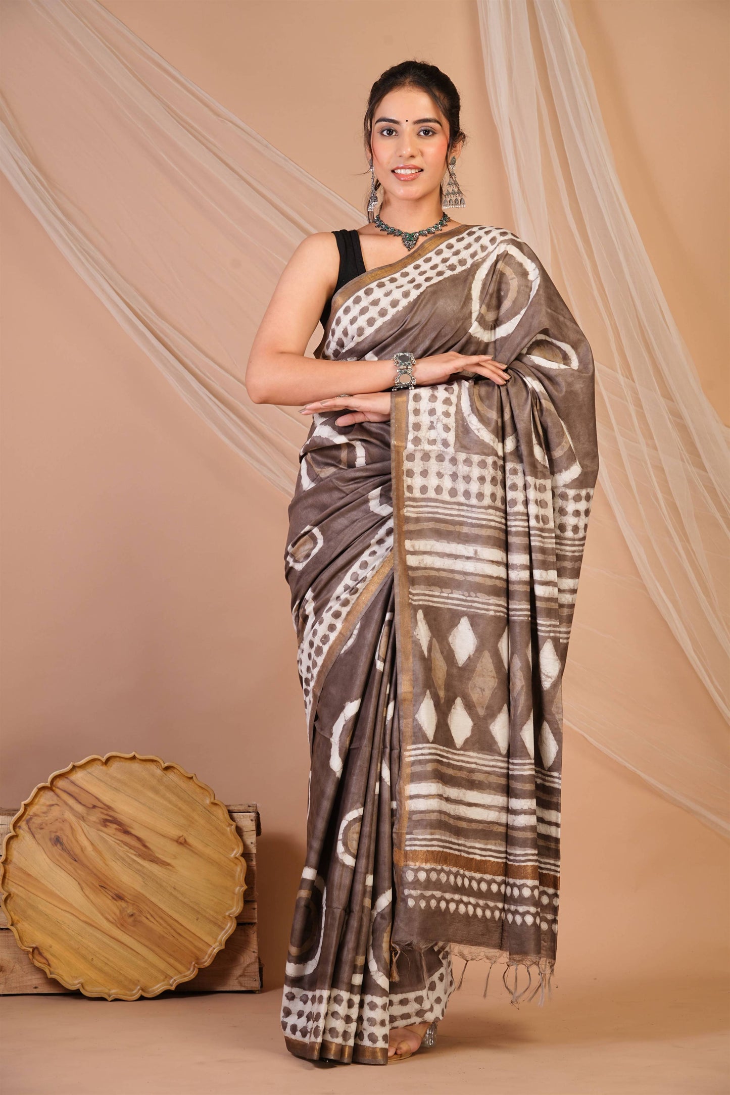 Anuttara Bhagalpuri Brown Cotton Silk Dabu Print (Hand Block) Saree with Unstitched Blouse_AFS1411-FS