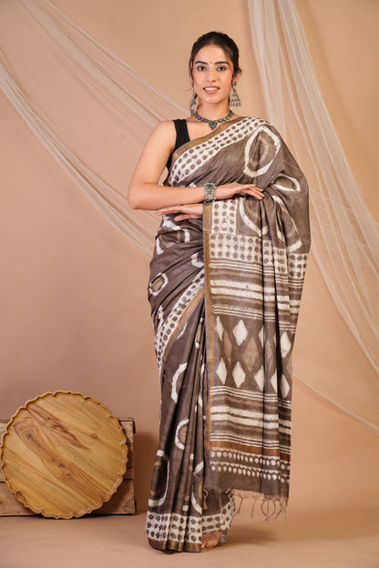Anuttara Bhagalpuri Brown Cotton Silk Dabu Print (Hand Block) Saree with Unstitched Blouse_AFS1411-FS