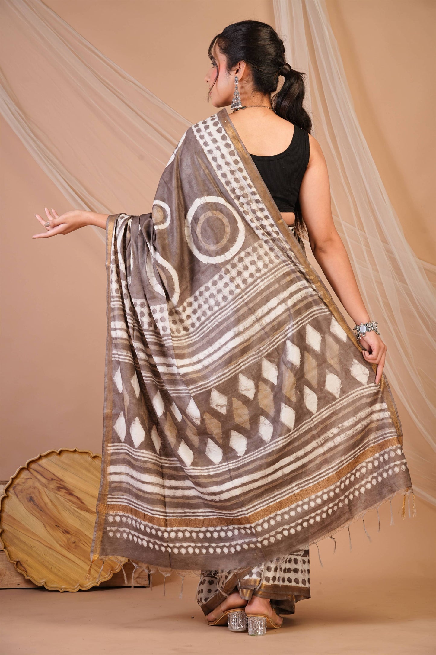 Anuttara Bhagalpuri Brown Cotton Silk Dabu Print (Hand Block) Saree with Unstitched Blouse_AFS1411-FS