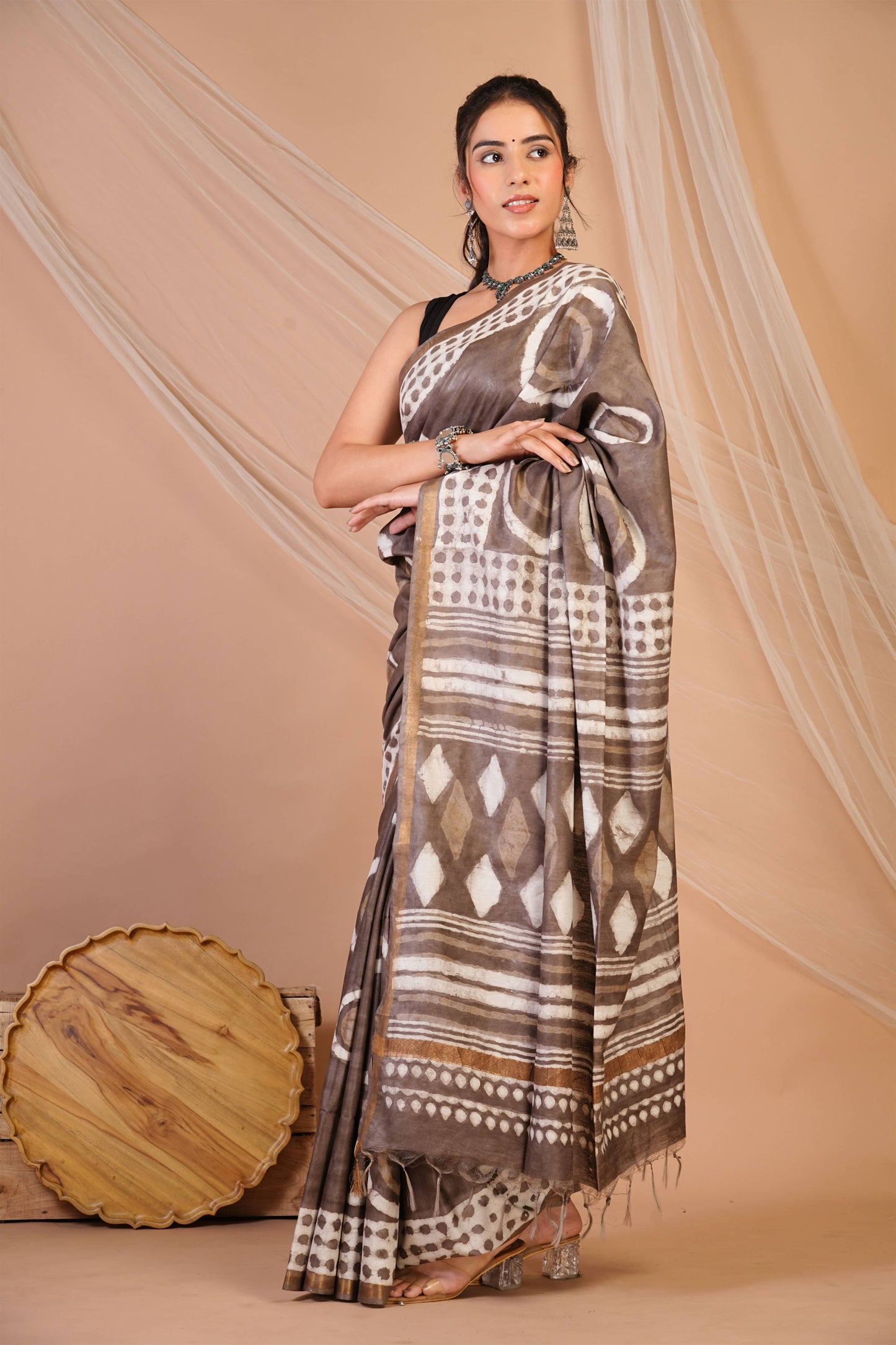 Anuttara Bhagalpuri Brown Cotton Silk Dabu Print (Hand Block) Saree with Unstitched Blouse_AFS1411-FS