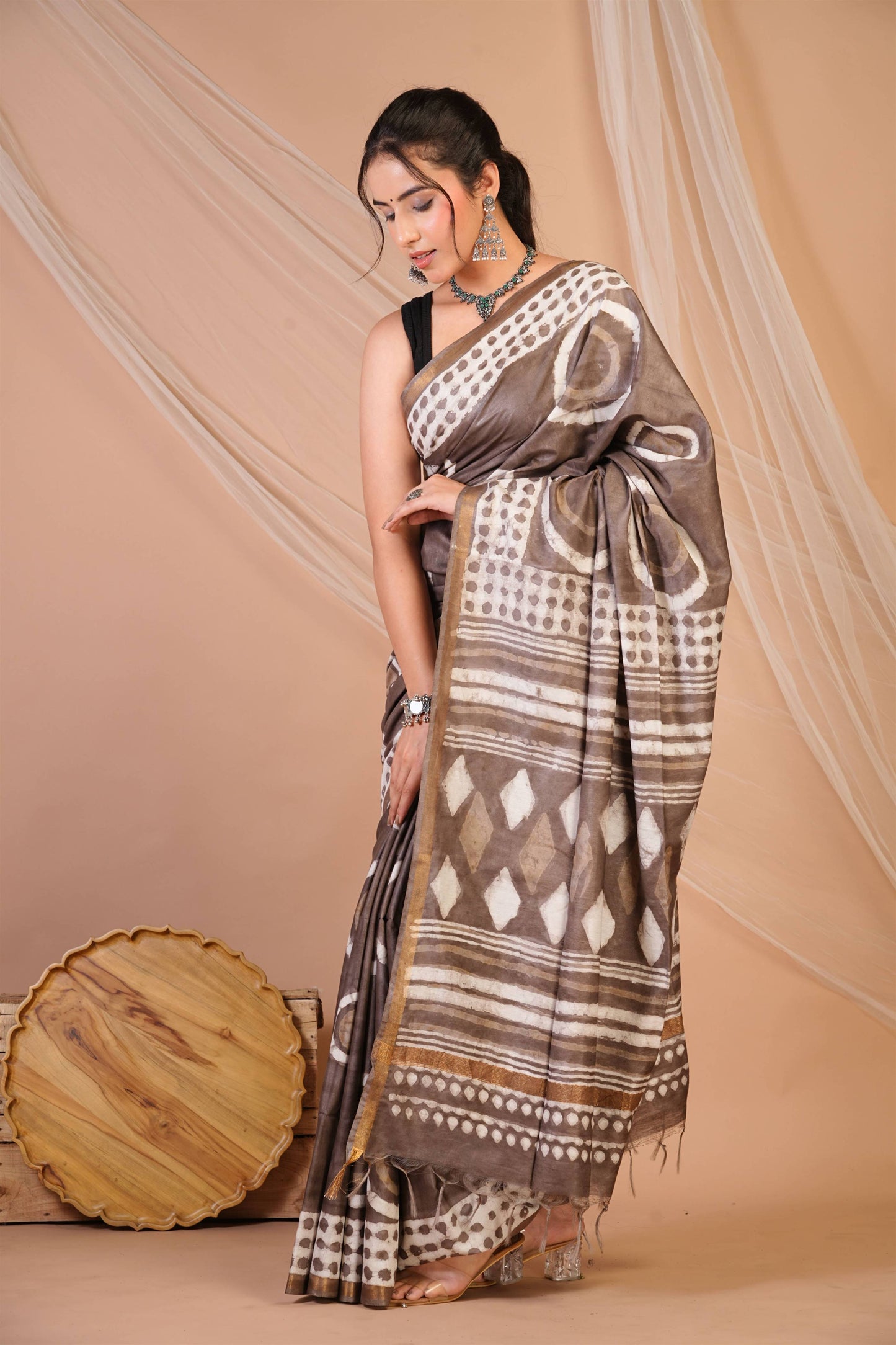 Anuttara Bhagalpuri Brown Cotton Silk Dabu Print (Hand Block) Saree with Unstitched Blouse_AFS1411-FS