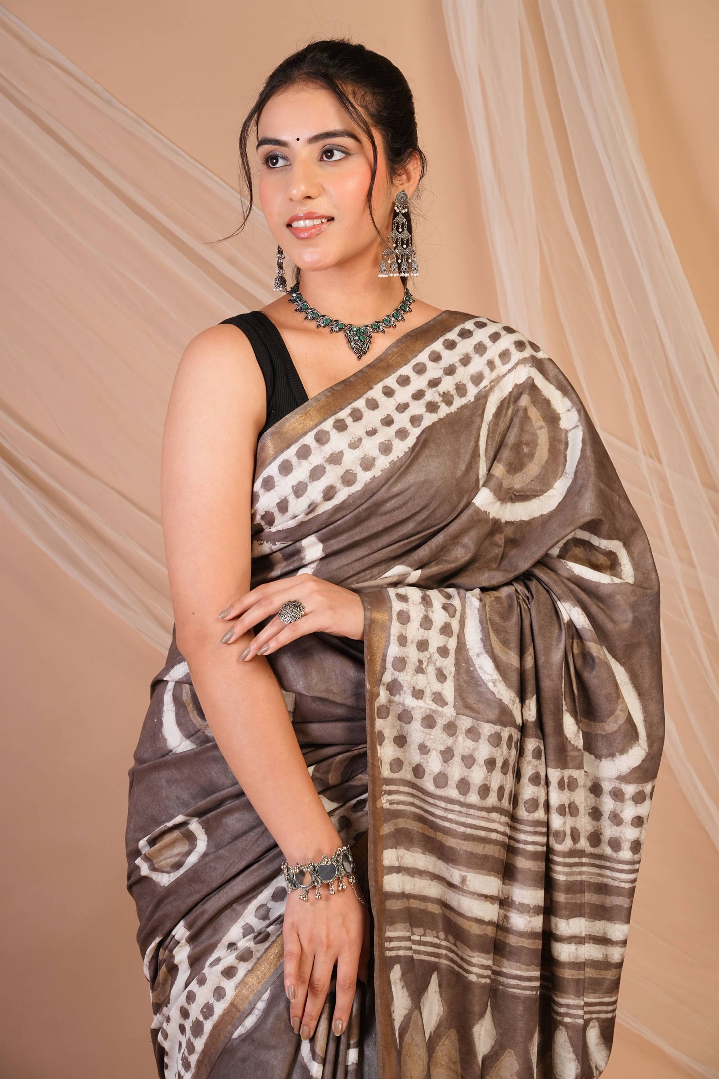 Anuttara Bhagalpuri Brown Cotton Silk Dabu Print (Hand Block) Saree with Unstitched Blouse_AFS1411-FS