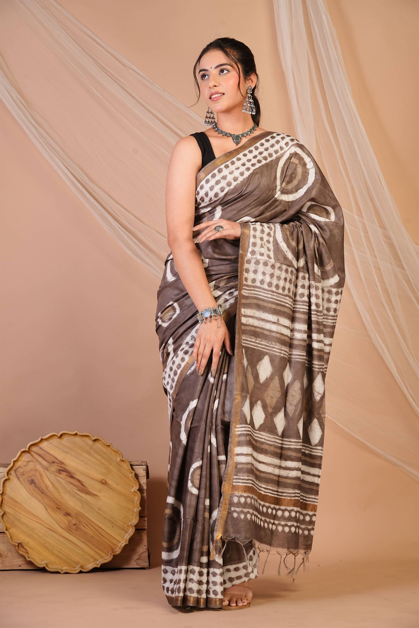 Anuttara Bhagalpuri Brown Cotton Silk Dabu Print (Hand Block) Saree with Unstitched Blouse_AFS1411-FS