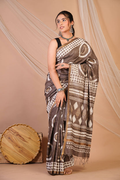 Anuttara Bhagalpuri Brown Cotton Silk Dabu Print (Hand Block) Saree with Unstitched Blouse_AFS1411-FS