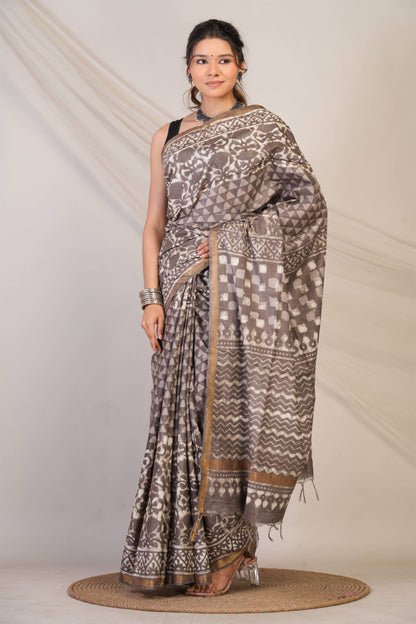Anuttara Bhagalpuri Brown Cotton Silk Dabu Print (Hand Block) Saree with Unstitched Blouse_AFS1412-FS