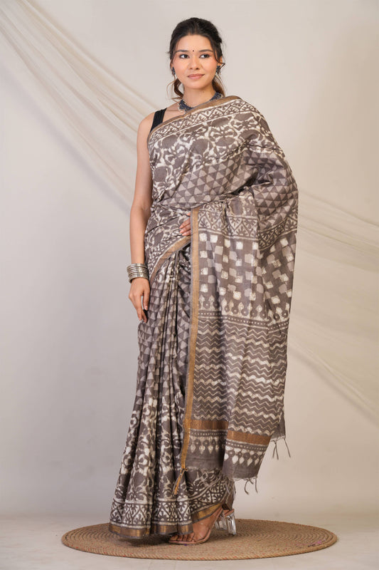 Anuttara Bhagalpuri Brown Cotton Silk Dabu Print (Hand Block) Saree with Unstitched Blouse_AFS1412-FS