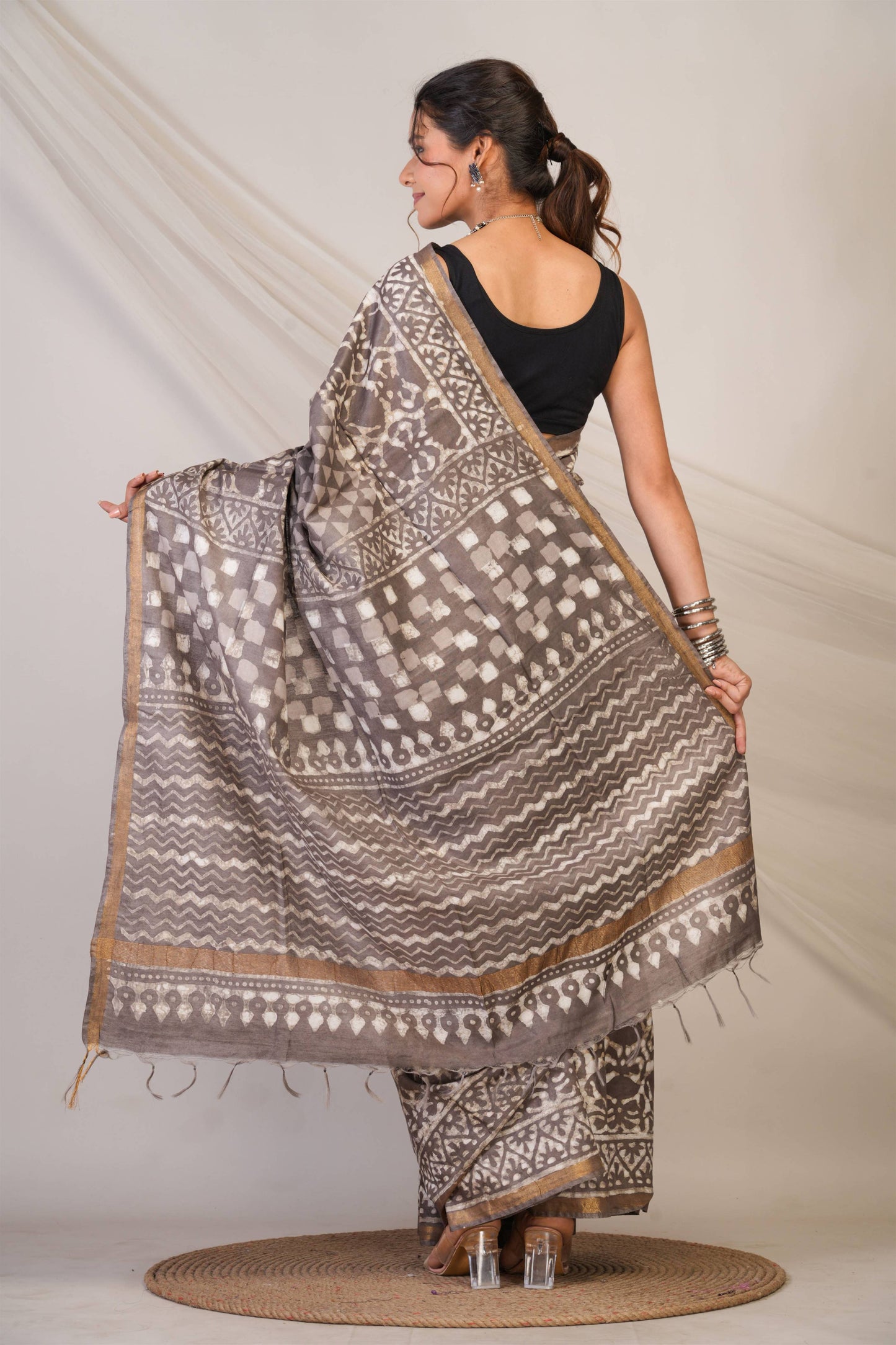 Anuttara Bhagalpuri Brown Cotton Silk Dabu Print (Hand Block) Saree with Unstitched Blouse_AFS1412-FS