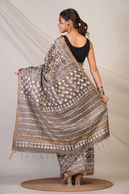 Anuttara Bhagalpuri Brown Cotton Silk Dabu Print (Hand Block) Saree with Unstitched Blouse_AFS1412-FS