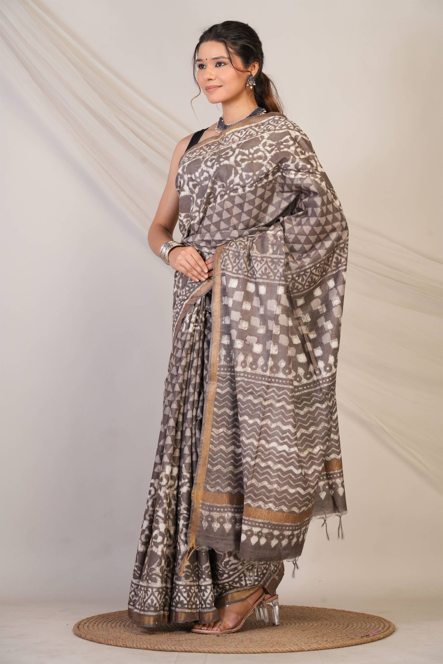 Anuttara Bhagalpuri Brown Cotton Silk Dabu Print (Hand Block) Saree with Unstitched Blouse_AFS1412-FS