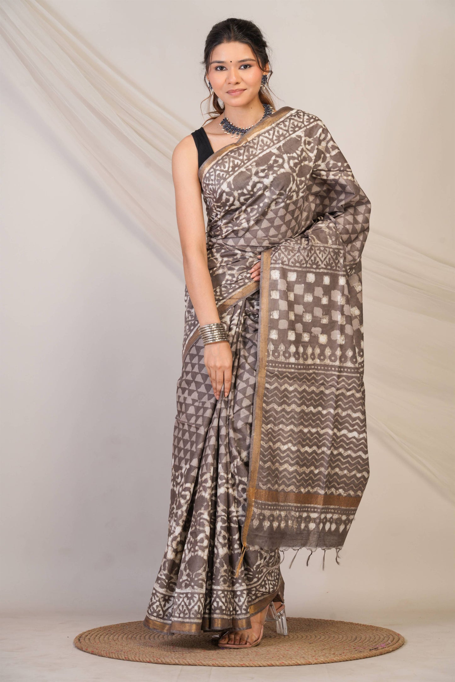 Anuttara Bhagalpuri Brown Cotton Silk Dabu Print (Hand Block) Saree with Unstitched Blouse_AFS1412-FS