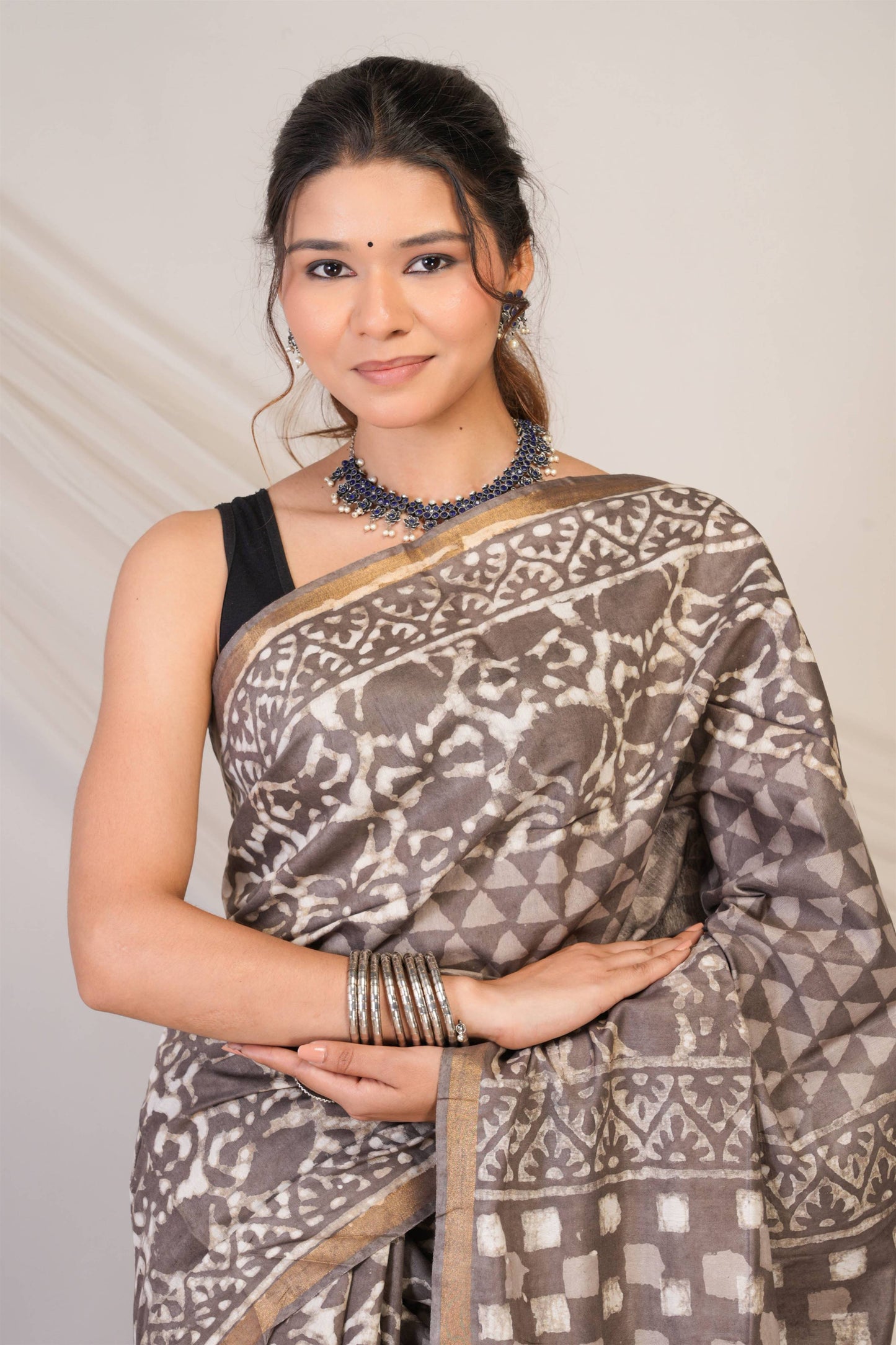 Anuttara Bhagalpuri Brown Cotton Silk Dabu Print (Hand Block) Saree with Unstitched Blouse_AFS1412-FS