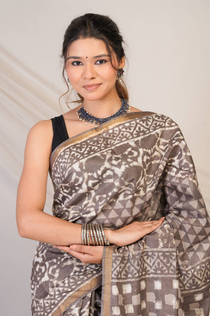 Anuttara Bhagalpuri Brown Cotton Silk Dabu Print (Hand Block) Saree with Unstitched Blouse_AFS1412-FS