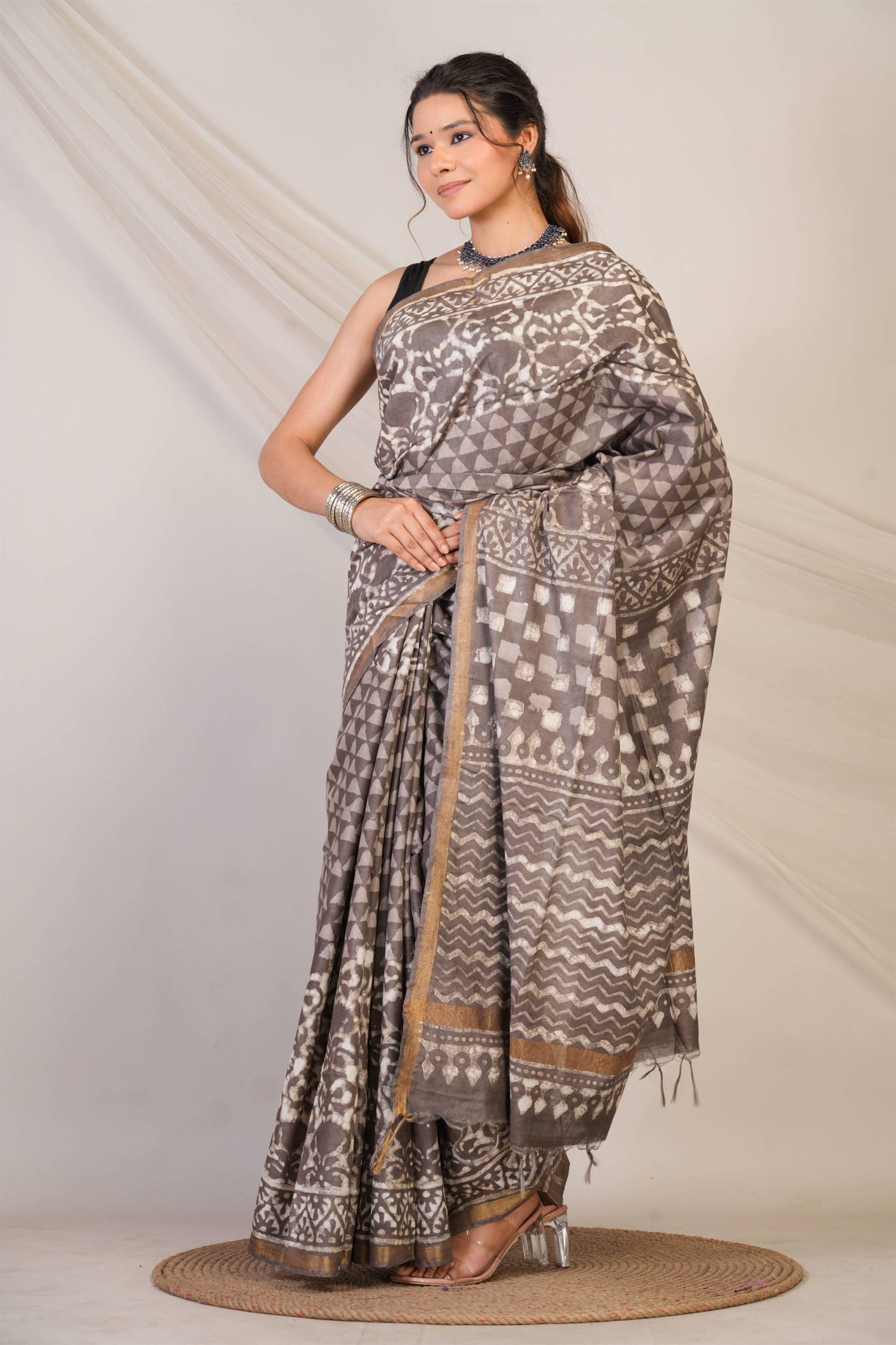 Anuttara Bhagalpuri Brown Cotton Silk Dabu Print (Hand Block) Saree with Unstitched Blouse_AFS1412-FS