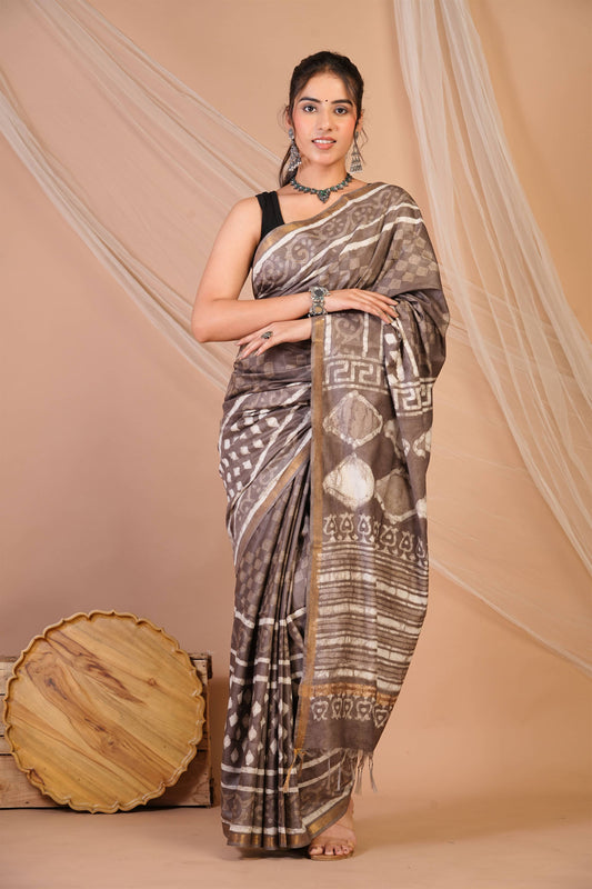 Anuttara Bhagalpuri Brown Cotton Silk Dabu Print (Hand Block) Saree with Unstitched Blouse_AFS1413-FS