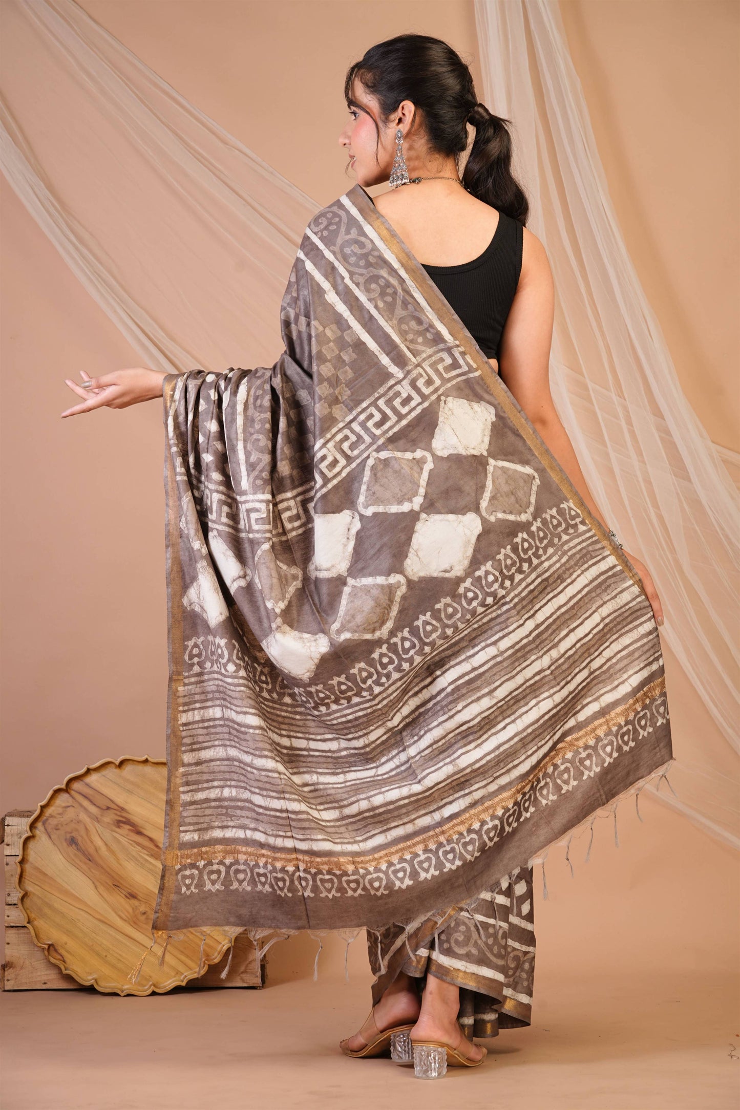 Anuttara Bhagalpuri Brown Cotton Silk Dabu Print (Hand Block) Saree with Unstitched Blouse_AFS1413-FS