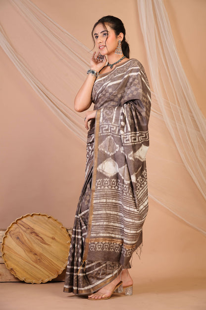 Anuttara Bhagalpuri Brown Cotton Silk Dabu Print (Hand Block) Saree with Unstitched Blouse_AFS1413-FS