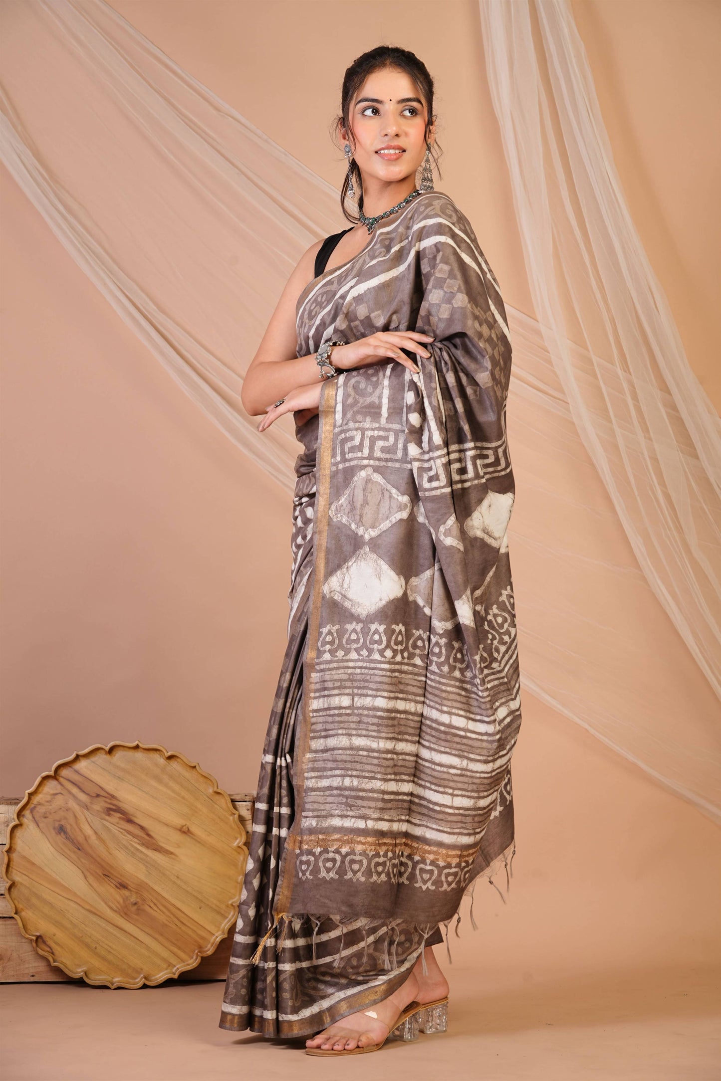 Anuttara Bhagalpuri Brown Cotton Silk Dabu Print (Hand Block) Saree with Unstitched Blouse_AFS1413-FS