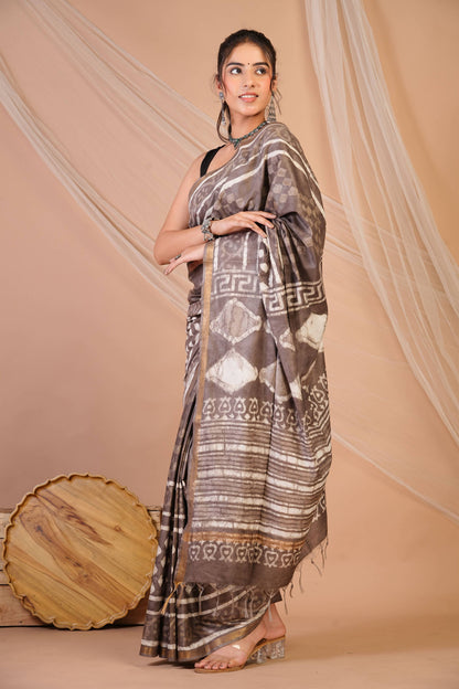 Anuttara Bhagalpuri Brown Cotton Silk Dabu Print (Hand Block) Saree with Unstitched Blouse_AFS1413-FS
