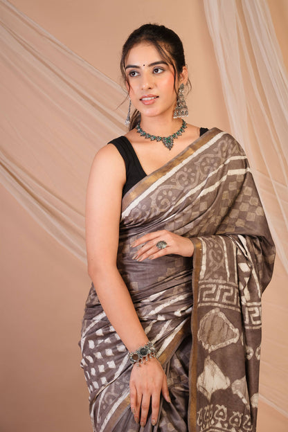 Anuttara Bhagalpuri Brown Cotton Silk Dabu Print (Hand Block) Saree with Unstitched Blouse_AFS1413-FS