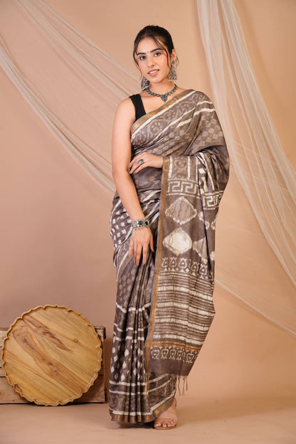 Anuttara Bhagalpuri Brown Cotton Silk Dabu Print (Hand Block) Saree with Unstitched Blouse_AFS1413-FS