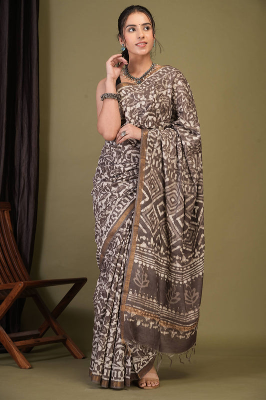 Anuttara Bhagalpuri Brown Cotton Silk Dabu Print (Hand Block) Saree with Unstitched Blouse_AFS1414-FS