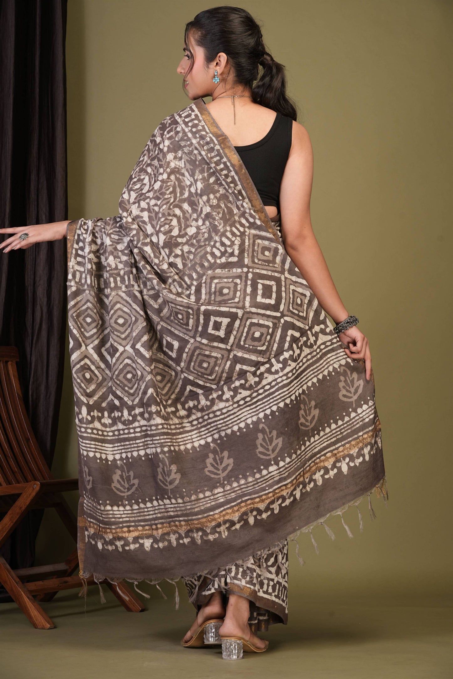 Anuttara Bhagalpuri Brown Cotton Silk Dabu Print (Hand Block) Saree with Unstitched Blouse_AFS1414-FS