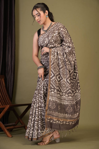 Anuttara Bhagalpuri Brown Cotton Silk Dabu Print (Hand Block) Saree with Unstitched Blouse_AFS1414-FS