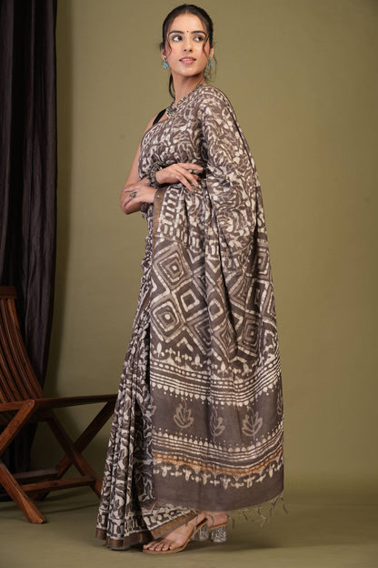Anuttara Bhagalpuri Brown Cotton Silk Dabu Print (Hand Block) Saree with Unstitched Blouse_AFS1414-FS