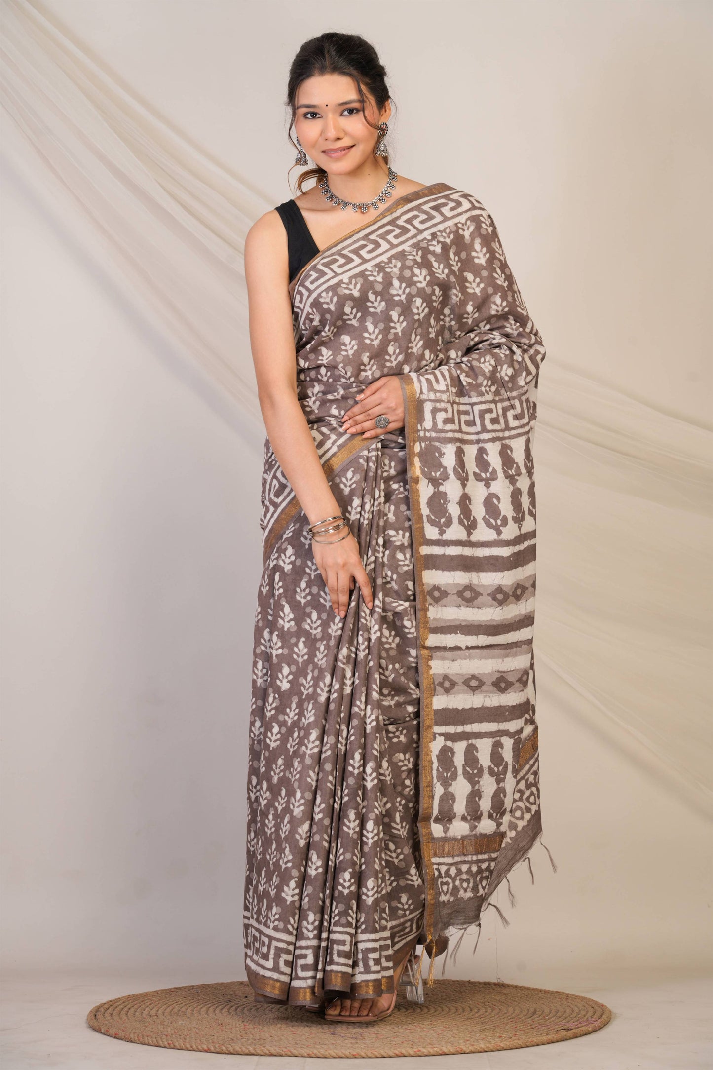 Anuttara Bhagalpuri Brown Cotton Silk Dabu Print (Hand Block) Saree with Unstitched Blouse_AFS1415-FS