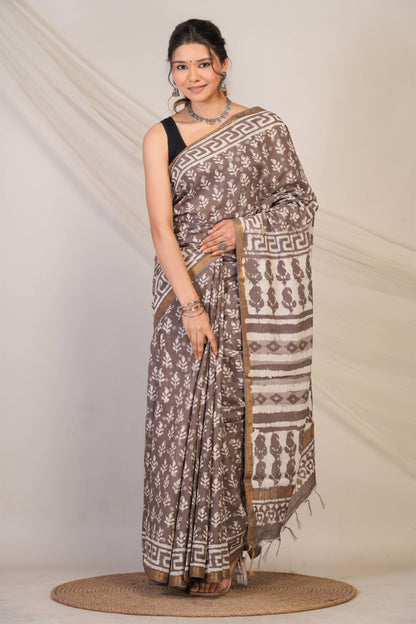 Anuttara Bhagalpuri Brown Cotton Silk Dabu Print (Hand Block) Saree with Unstitched Blouse_AFS1415-FS