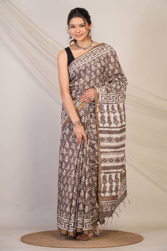 Anuttara Bhagalpuri Brown Cotton Silk Dabu Print (Hand Block) Saree with Unstitched Blouse_AFS1415-FS