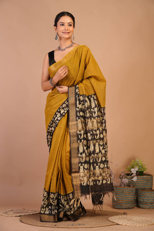 Anuttara Bhagalpuri Olive Green Cotton Silk Animal Print Saree with Unstitched Blouse_AFS1416-FS