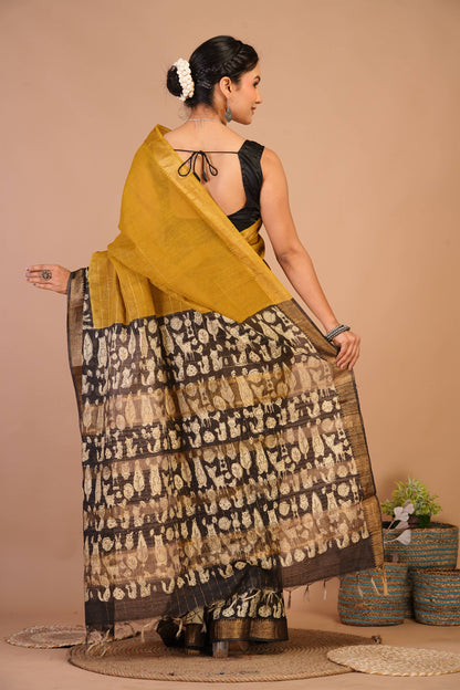 Anuttara Bhagalpuri Olive Green Cotton Silk Animal Print Saree with Unstitched Blouse_AFS1416-FS