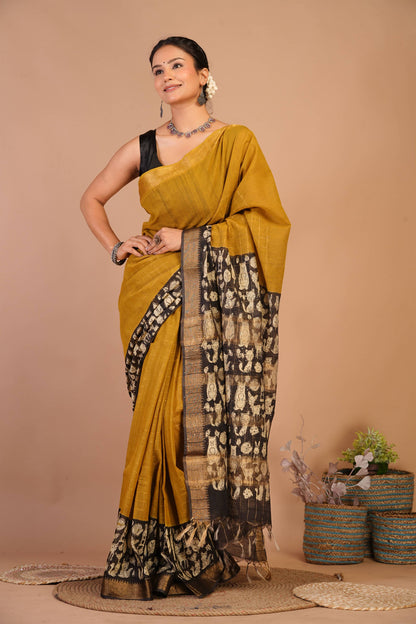 Anuttara Bhagalpuri Olive Green Cotton Silk Animal Print Saree with Unstitched Blouse_AFS1416-FS