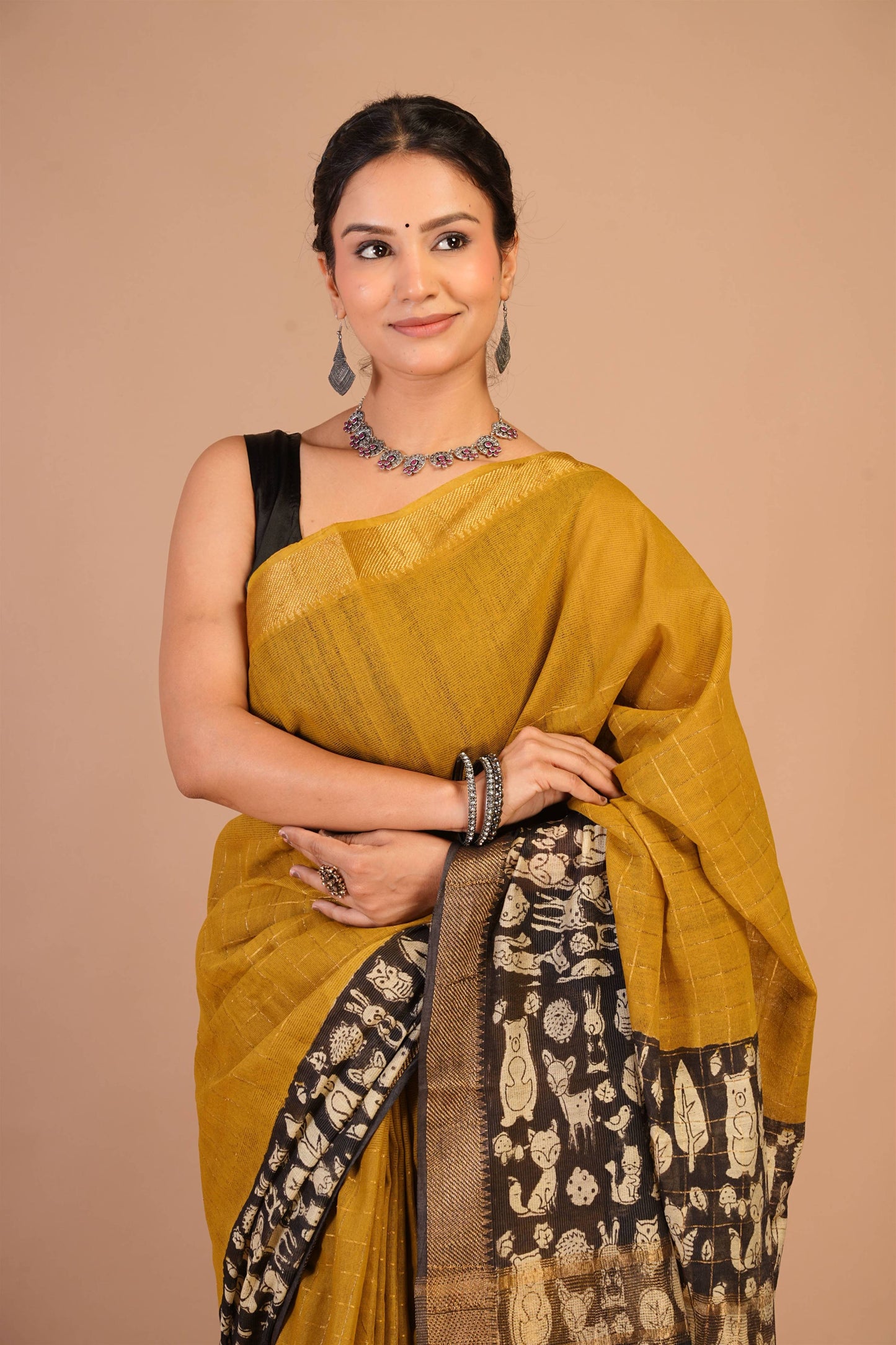 Anuttara Bhagalpuri Olive Green Cotton Silk Animal Print Saree with Unstitched Blouse_AFS1416-FS