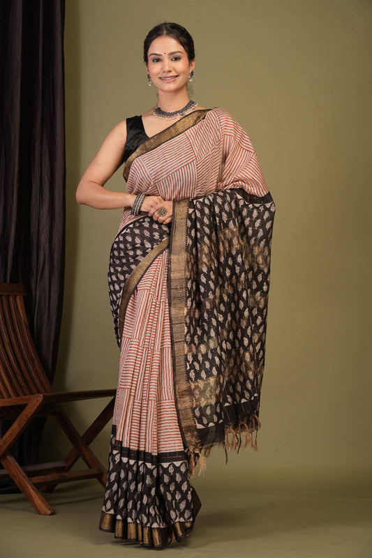 Anuttara Bhagalpuri Multicolor Cotton Silk Stripe, Floral Saree with Unstitched Blouse_AFS1418-FS