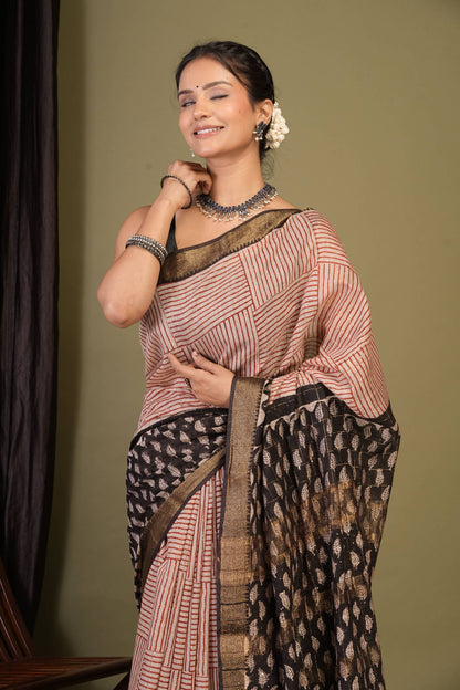Anuttara Bhagalpuri Multicolor Cotton Silk Stripe, Floral Saree with Unstitched Blouse_AFS1418-FS
