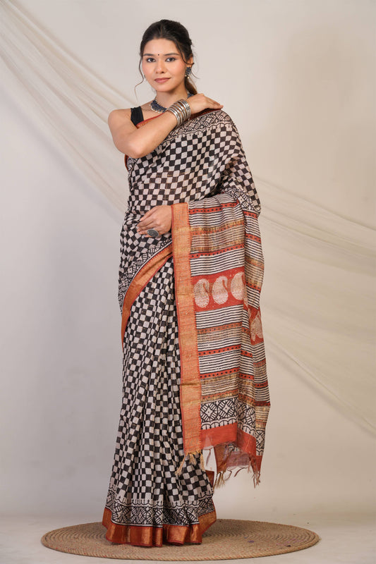 Anuttara Bhagalpuri Multicolor Cotton Silk Checkered Saree with Unstitched Blouse_AFS1419-FS
