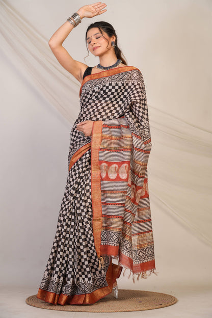 Anuttara Bhagalpuri Multicolor Cotton Silk Checkered Saree with Unstitched Blouse_AFS1419-FS