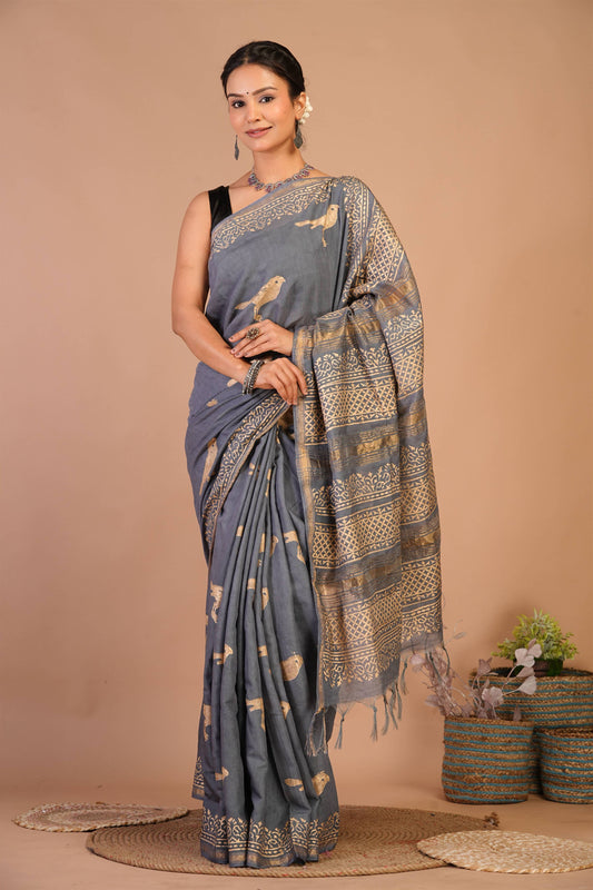 Anuttara Bhagalpuri Grey Jay Shree Cotton Fine Golden Foil Print Saree with Unstitched Blouse_AFS1420-FS