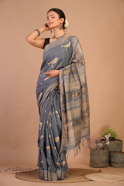 Anuttara Bhagalpuri Grey Jay Shree Cotton Fine Golden Foil Print Saree with Unstitched Blouse_AFS1420-FS