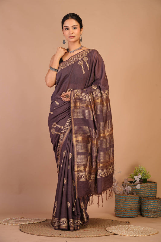 Anuttara Bhagalpuri Brown Jay Shree Cotton Fine Golden Foil Print Saree with Unstitched Blouse_AFS1421-FS