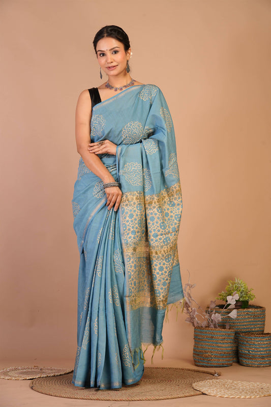Anuttara Bhagalpuri Turquoise Jay Shree Cotton Fine Golden Foil Print Saree with Unstitched Blouse_AFS1422-FS