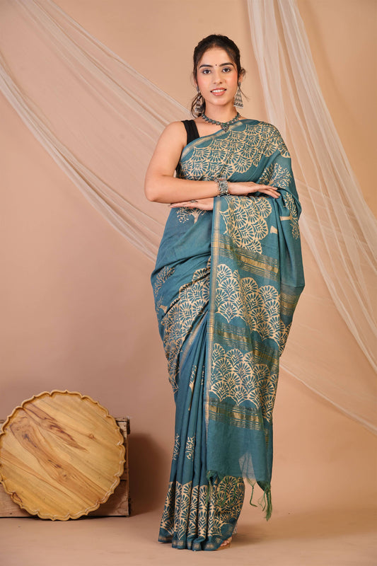 Anuttara Bhagalpuri Teal Blue Jay Shree Cotton Fine Golden Foil Print Saree with Unstitched Blouse_AFS1423-FS