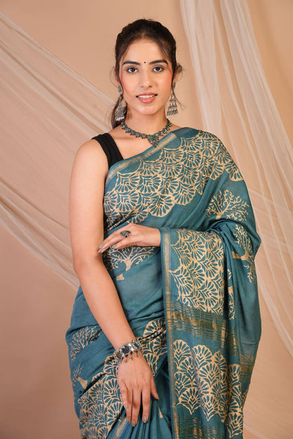 Anuttara Bhagalpuri Teal Blue Jay Shree Cotton Fine Golden Foil Print Saree with Unstitched Blouse_AFS1423-FS