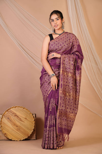 Anuttara Bhagalpuri Purple Jay Shree Cotton Fine Golden Foil Print Saree with Unstitched Blouse_AFS1424-FS