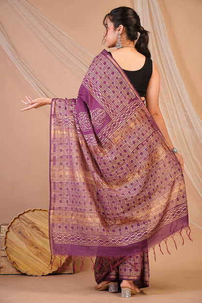 Anuttara Bhagalpuri Purple Jay Shree Cotton Fine Golden Foil Print Saree with Unstitched Blouse_AFS1424-FS